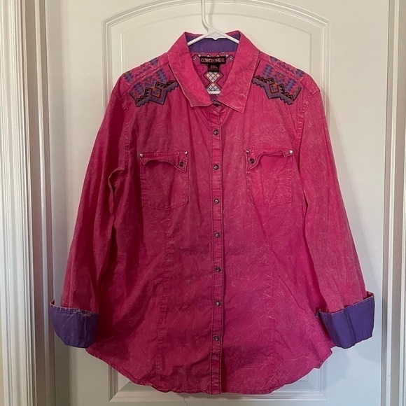 Rock & Roll Cowgirl Pink Button Up Long Sleeve Western Rodeo Shirt - Picture 1 of 10